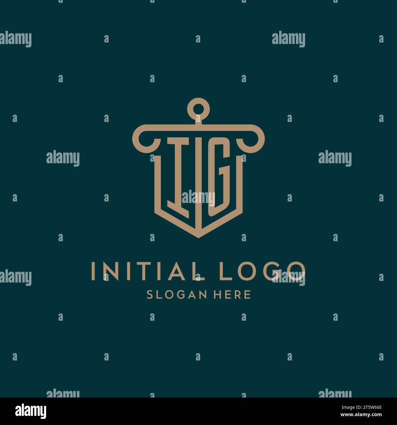 IG monogram initial logo design with shield and pillar shape design Stock Vector