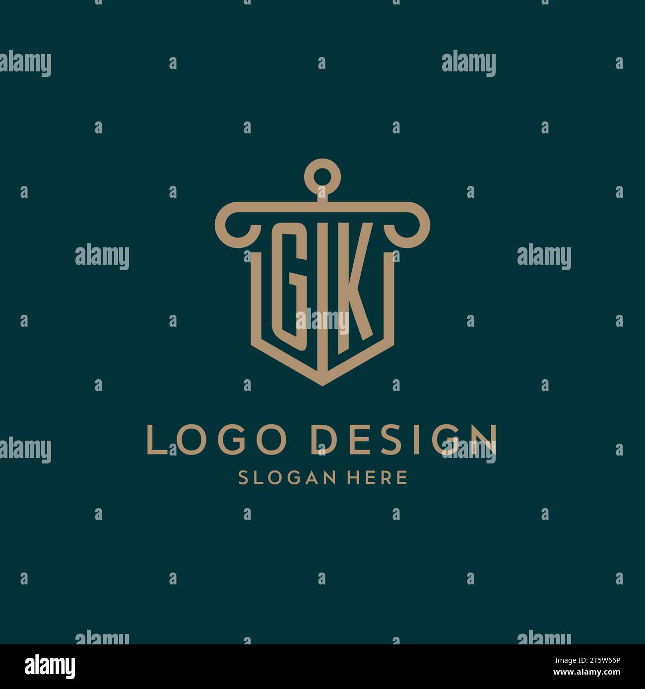 GK monogram initial logo design with shield and pillar shape design Stock Vector