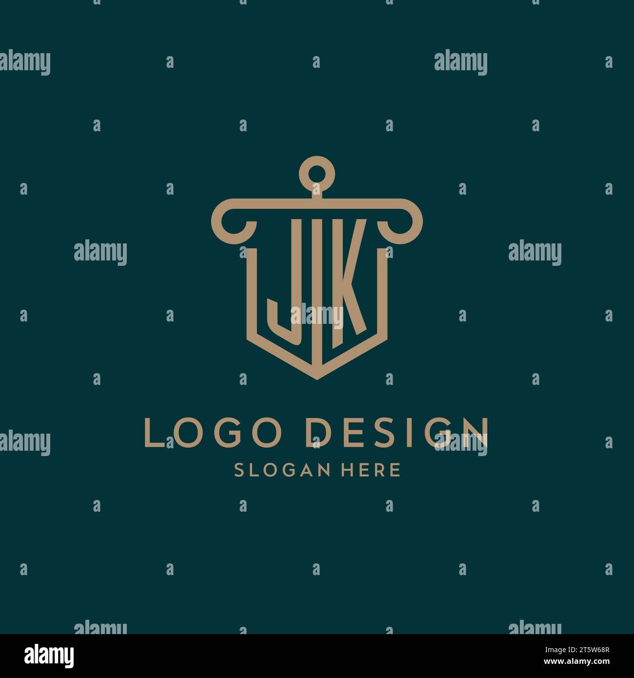 JK monogram initial logo design with shield and pillar shape design Stock Vector