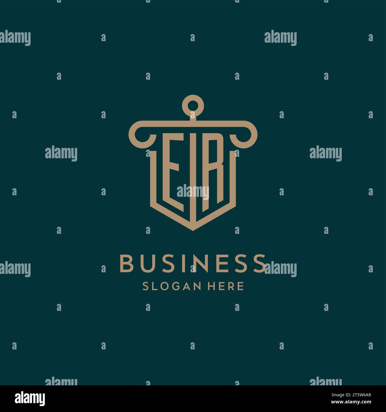 ER monogram initial logo design with shield and pillar shape design Stock Vector