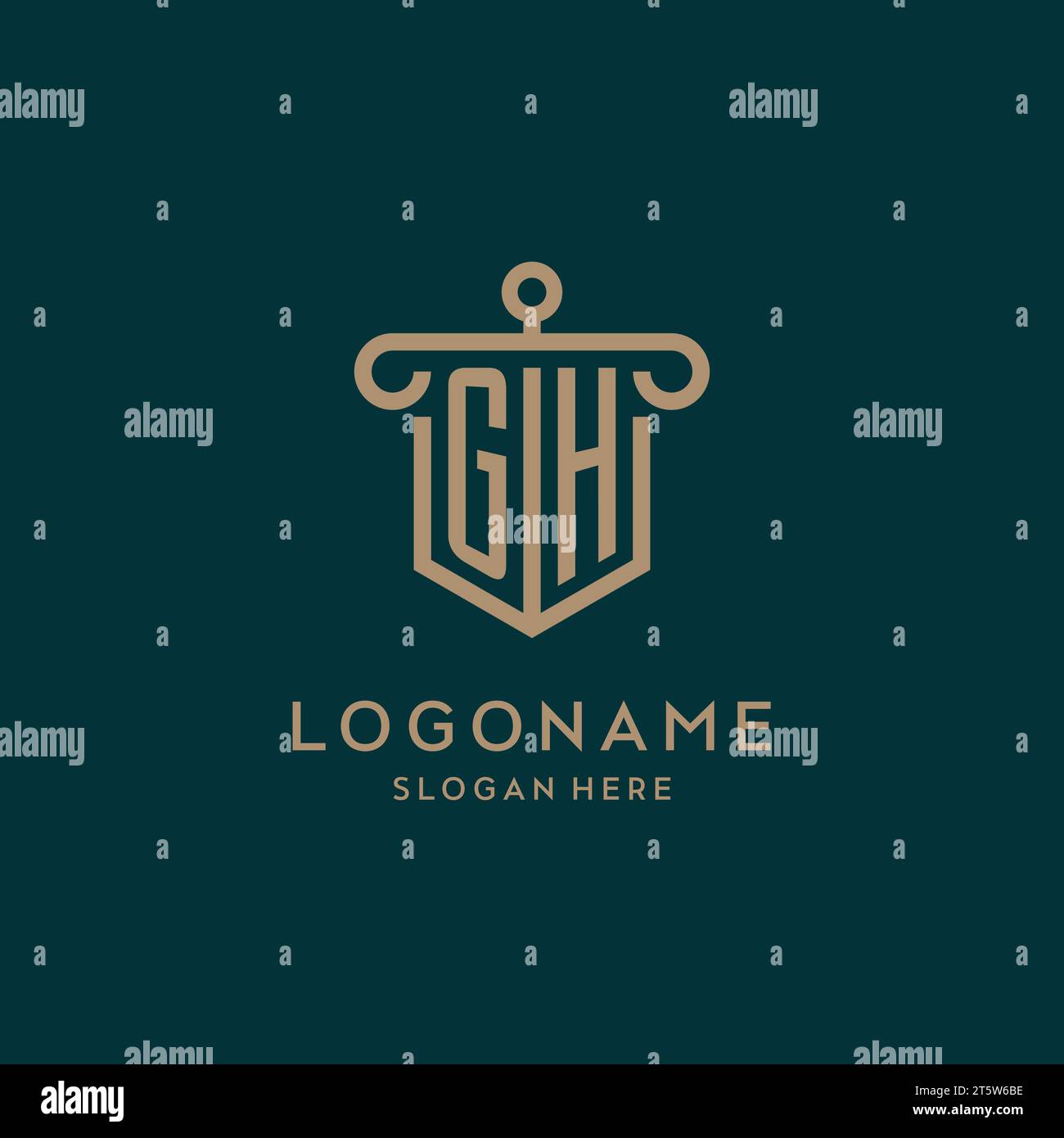 GH monogram initial logo design with shield and pillar shape design Stock Vector
