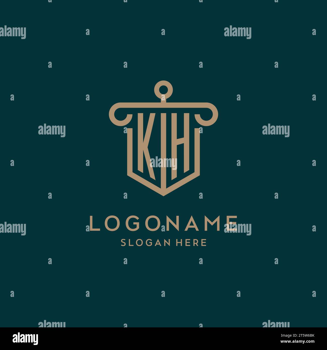 KH monogram initial logo design with shield and pillar shape design Stock Vector