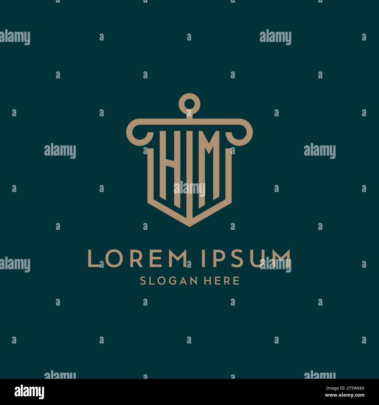 HM monogram initial logo design with shield and pillar shape design Stock Vector