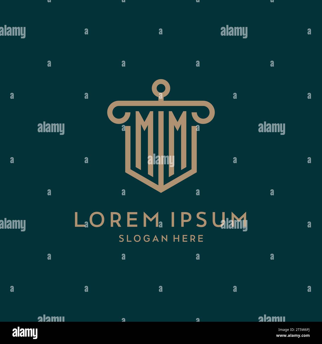 MM monogram initial logo design with shield and pillar shape design Stock Vector