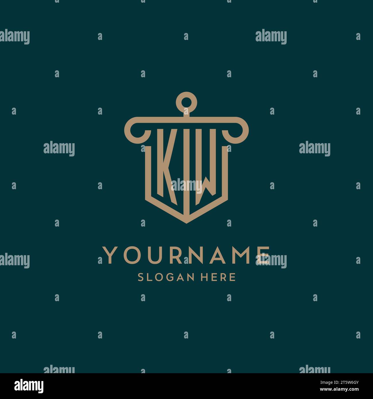 KW monogram initial logo design with shield and pillar shape design Stock Vector