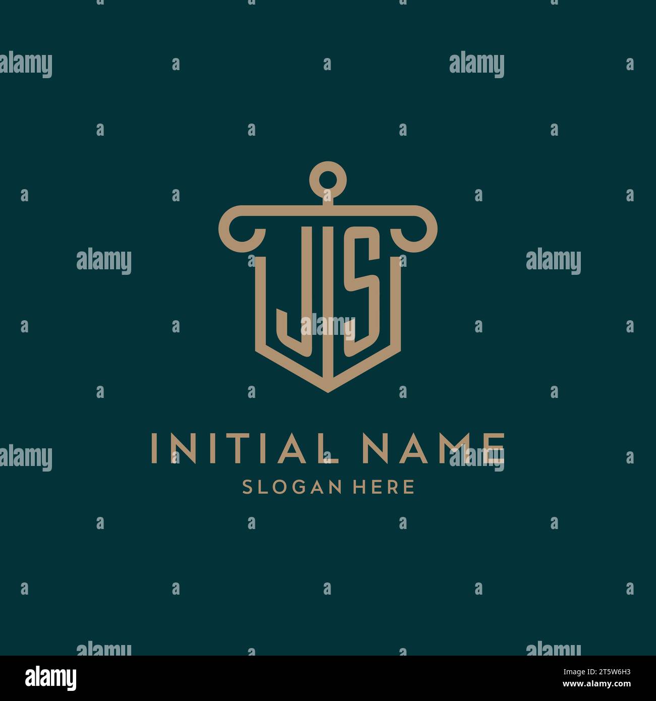JS monogram initial logo design with shield and pillar shape design Stock Vector