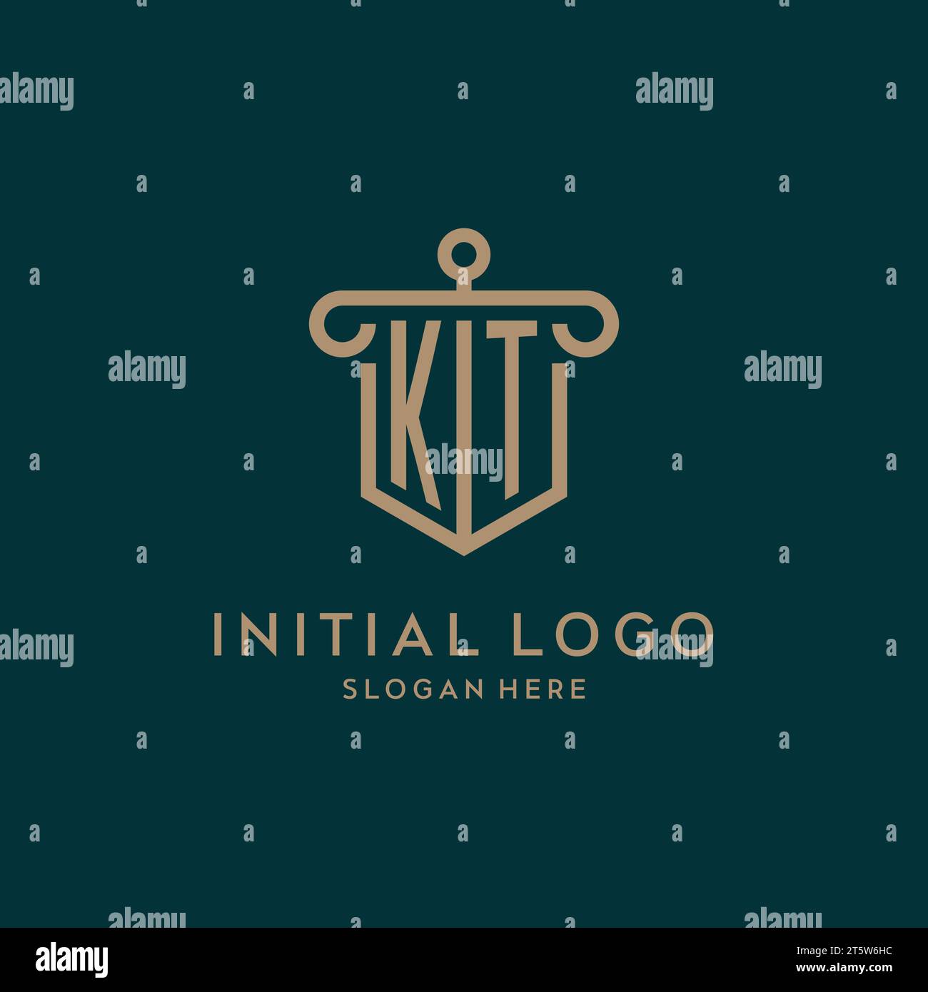 KT monogram initial logo design with shield and pillar shape design Stock Vector