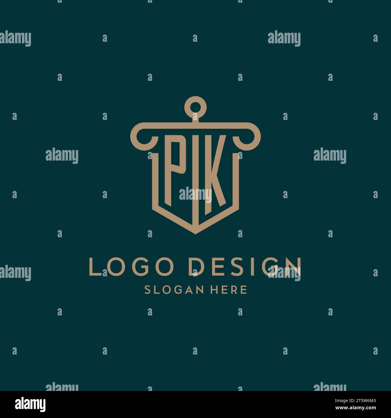 PK monogram initial logo design with shield and pillar shape design Stock Vector