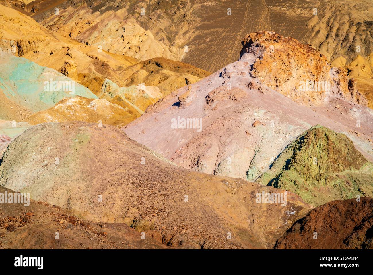 Scenic view of Artist Palette hills covered in colorful volcanic deposits in Death Valley