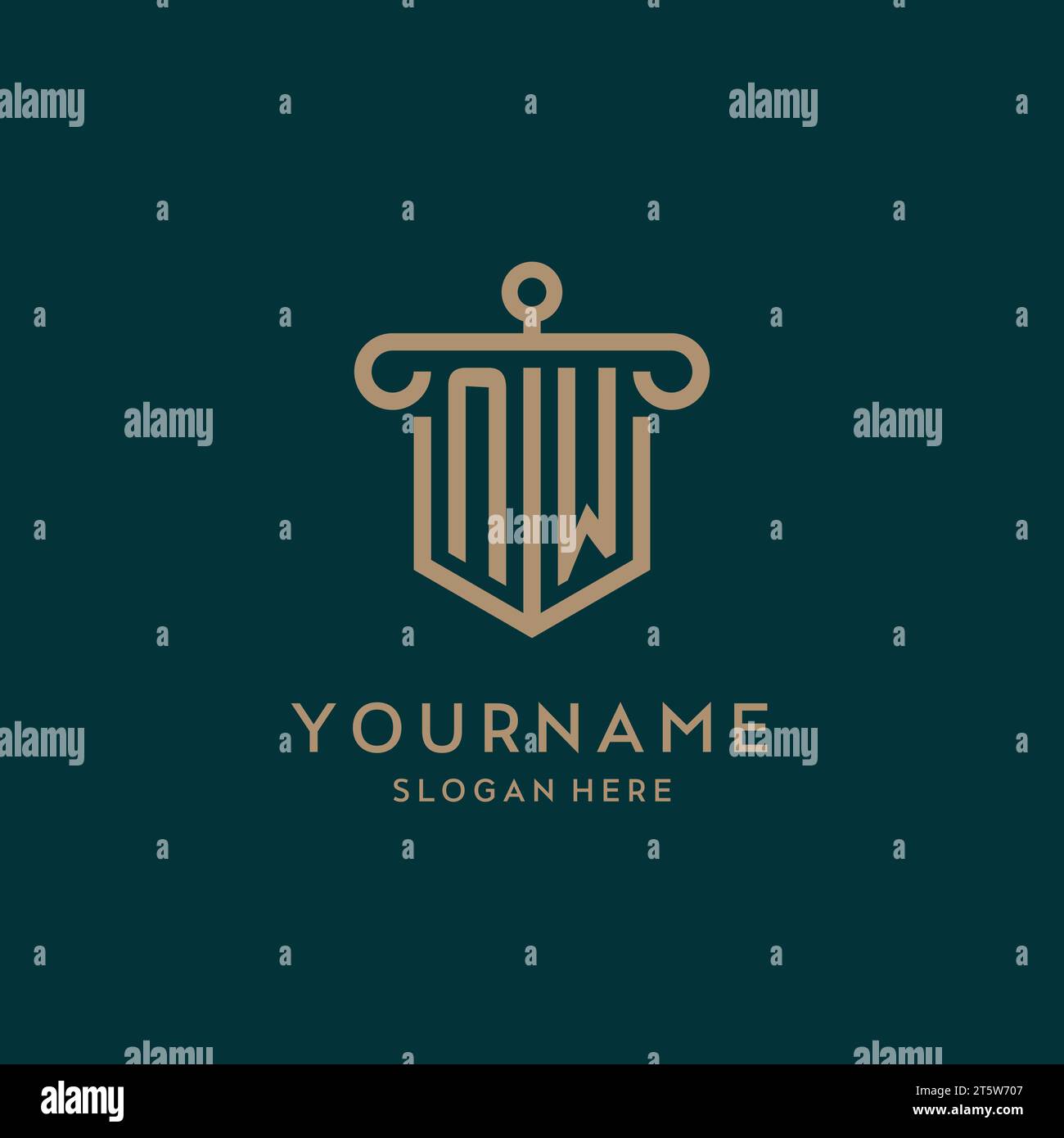 NW monogram initial logo design with shield and pillar shape design Stock Vector