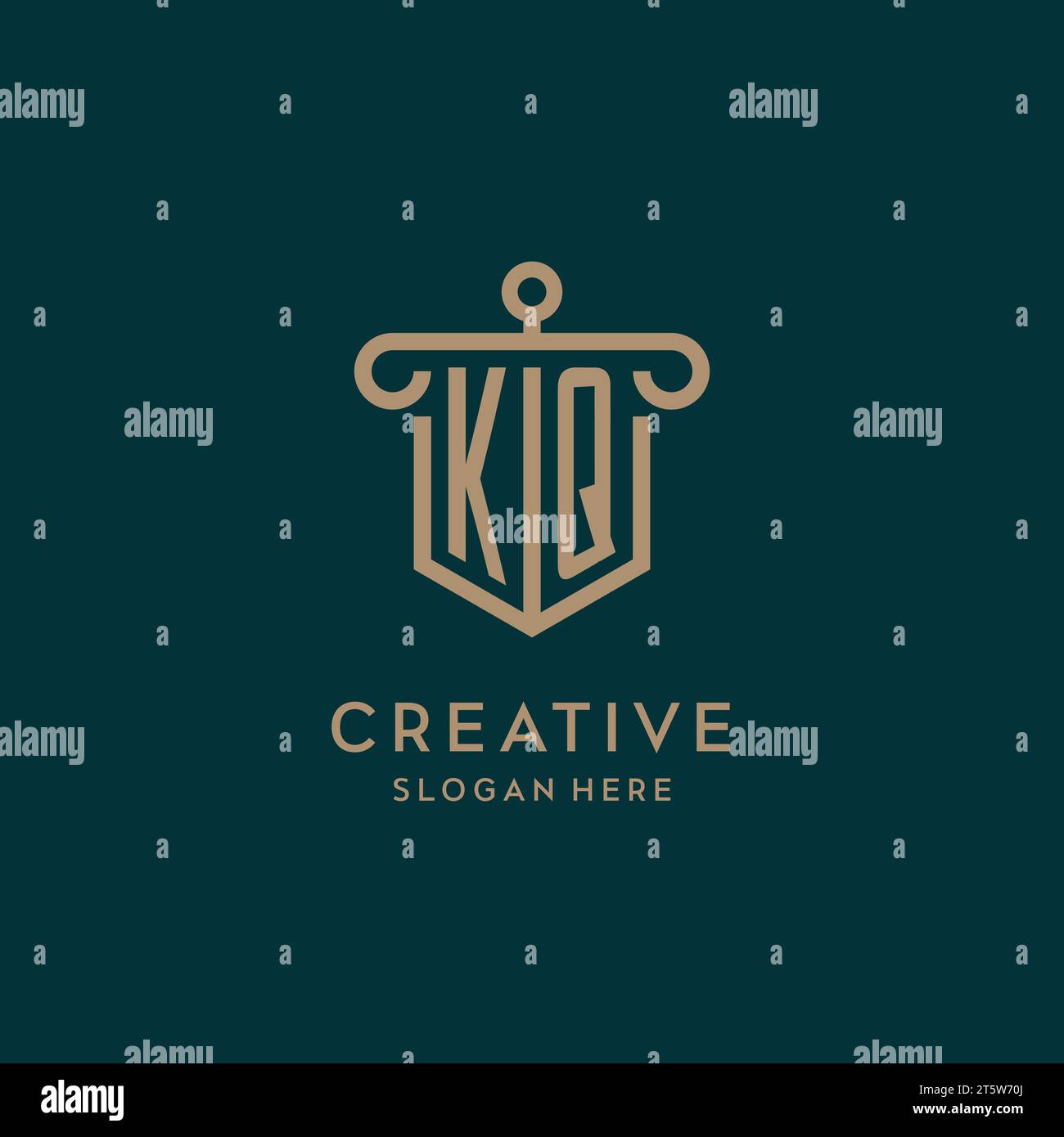 KQ monogram initial logo design with shield and pillar shape design Stock Vector