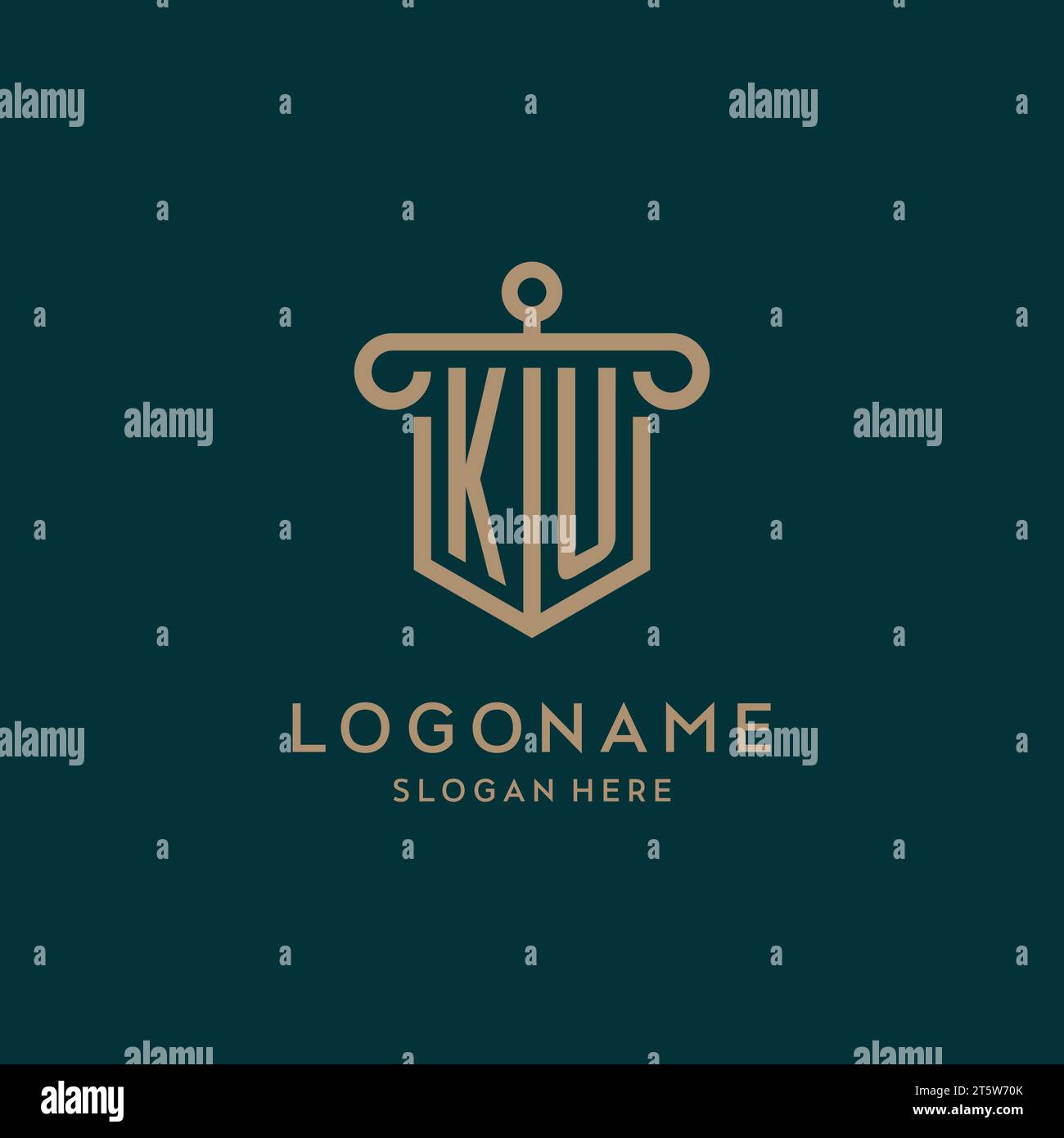 KU monogram initial logo design with shield and pillar shape design Stock Vector