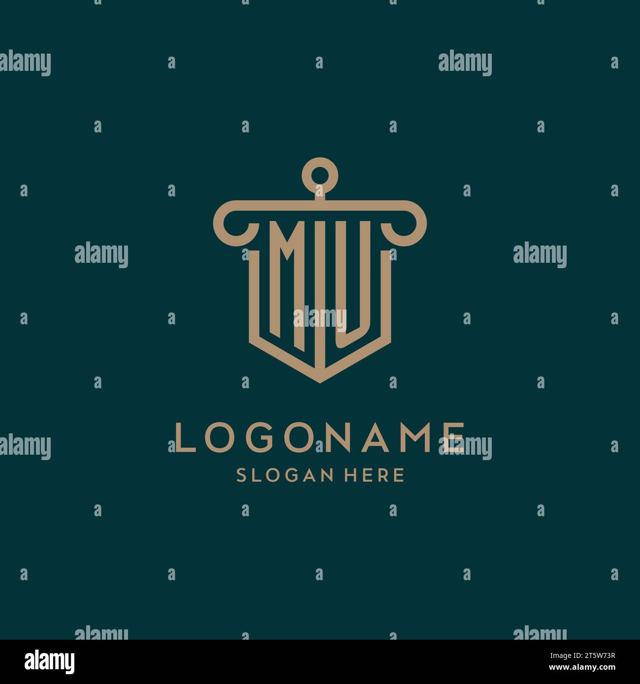MU monogram initial logo design with shield and pillar shape design Stock Vector