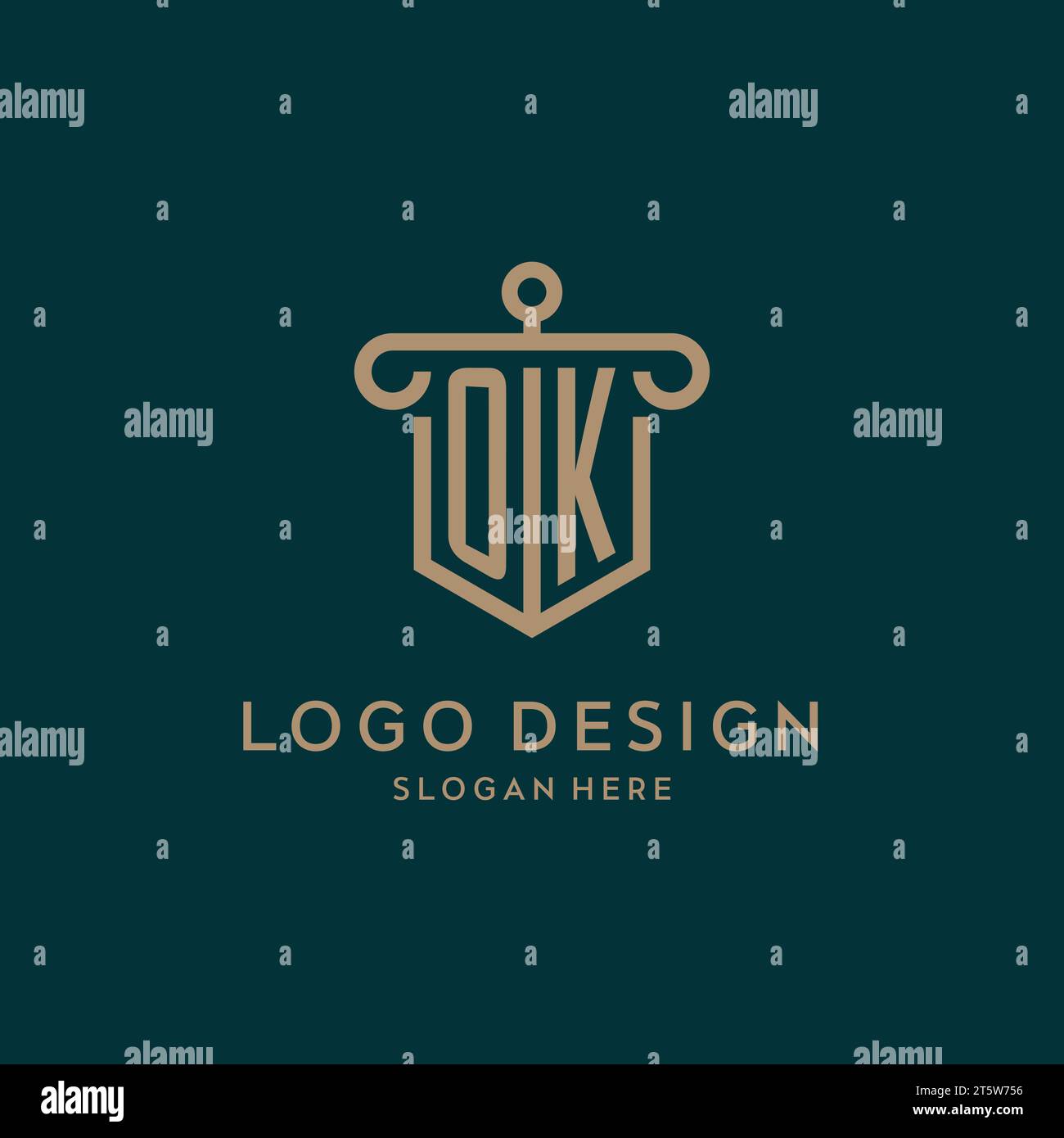 OK monogram initial logo design with shield and pillar shape design Stock Vector