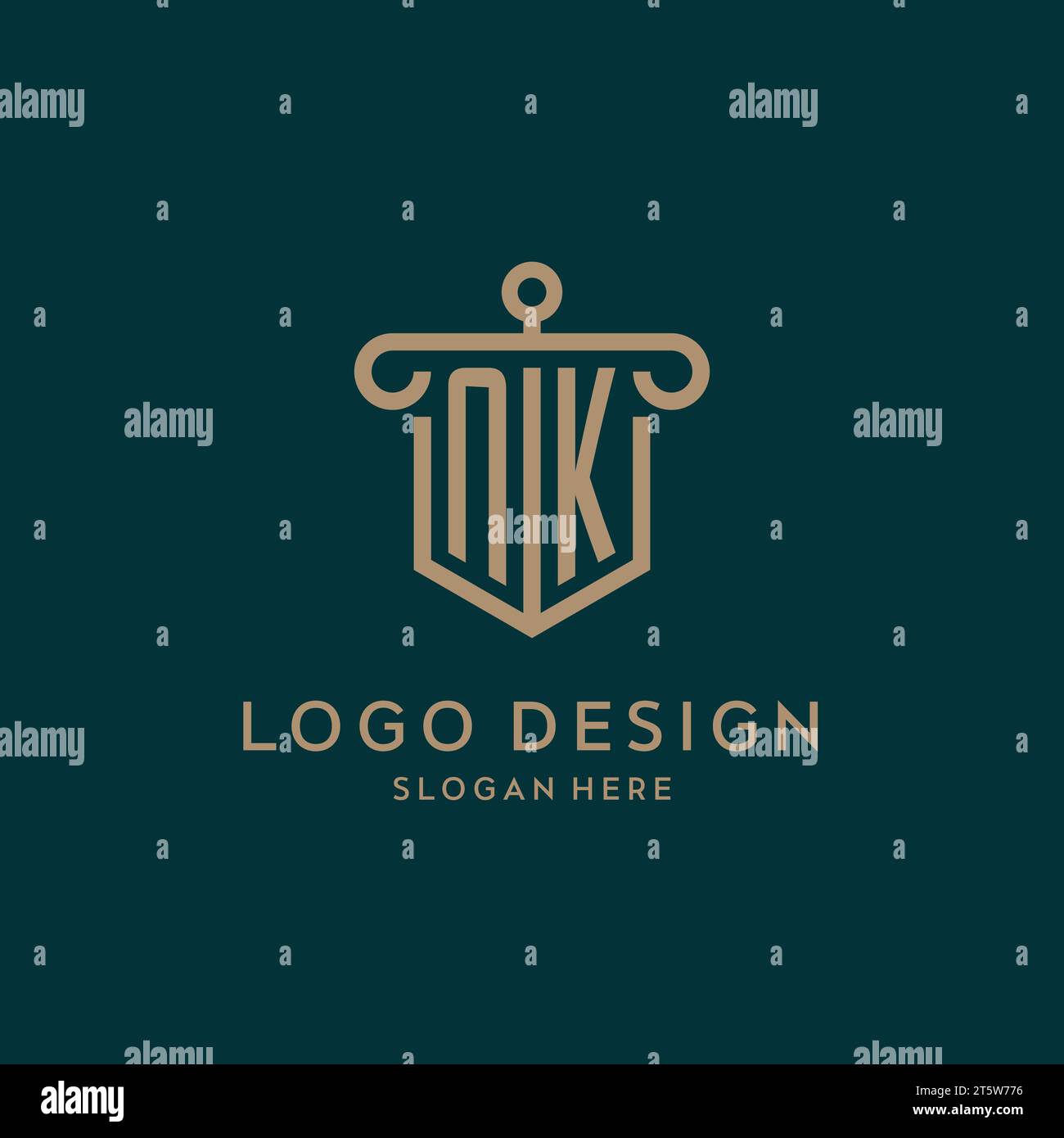 NK monogram initial logo design with shield and pillar shape design Stock Vector