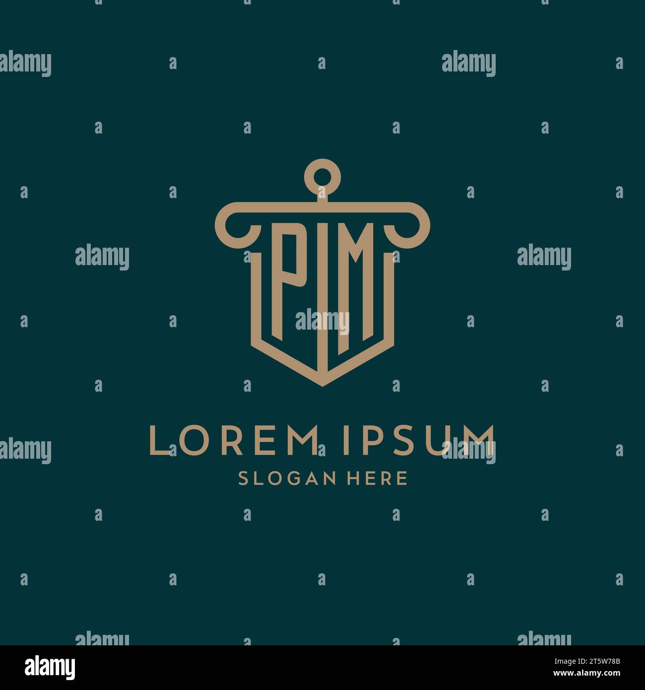 PM monogram initial logo design with shield and pillar shape design Stock Vector