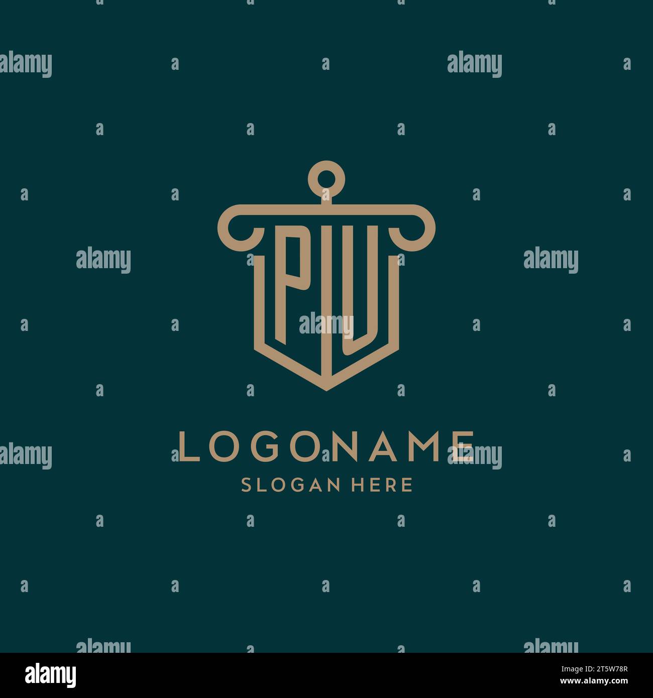 PU monogram initial logo design with shield and pillar shape design Stock Vector