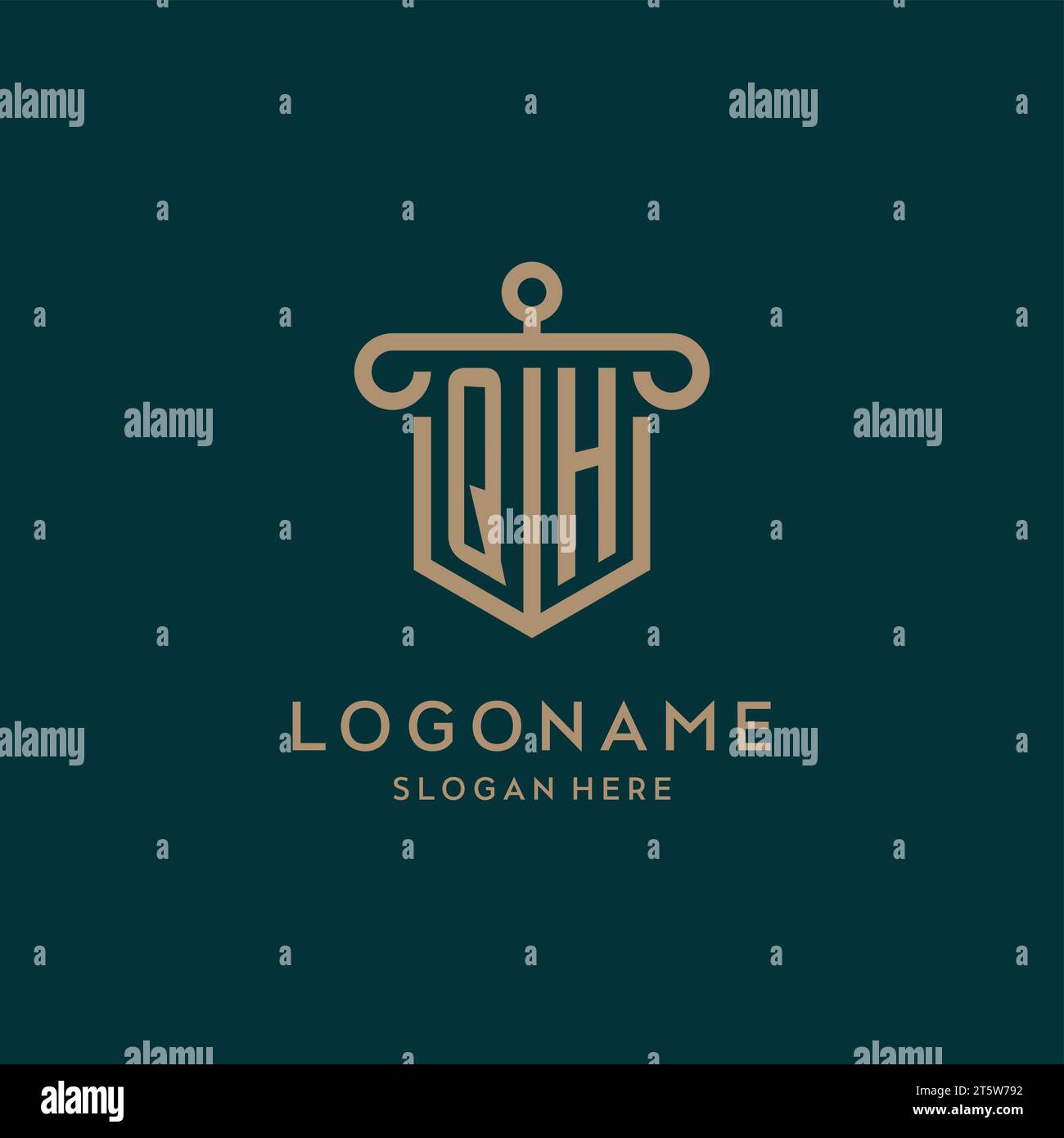 QH monogram initial logo design with shield and pillar shape design Stock Vector