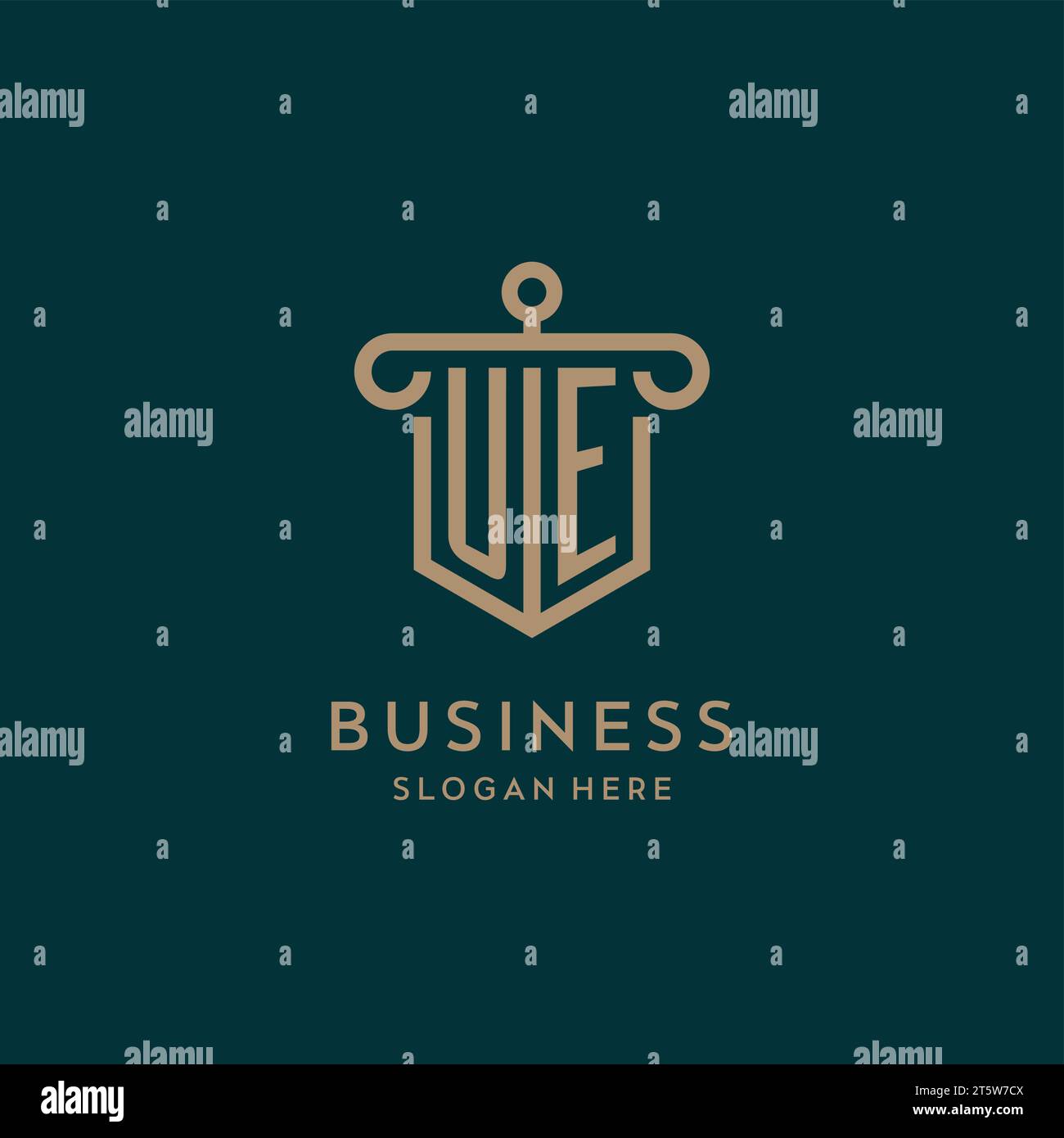 UE monogram initial logo design with shield and pillar shape design Stock Vector