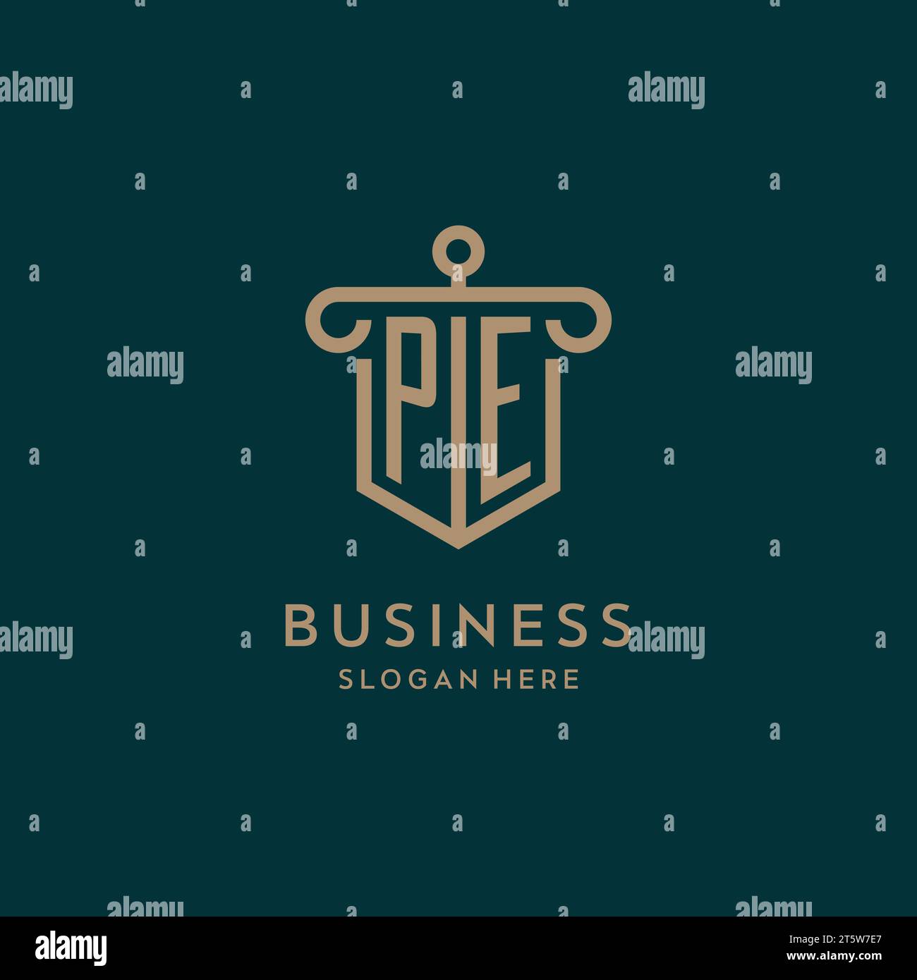 PE monogram initial logo design with shield and pillar shape design Stock Vector