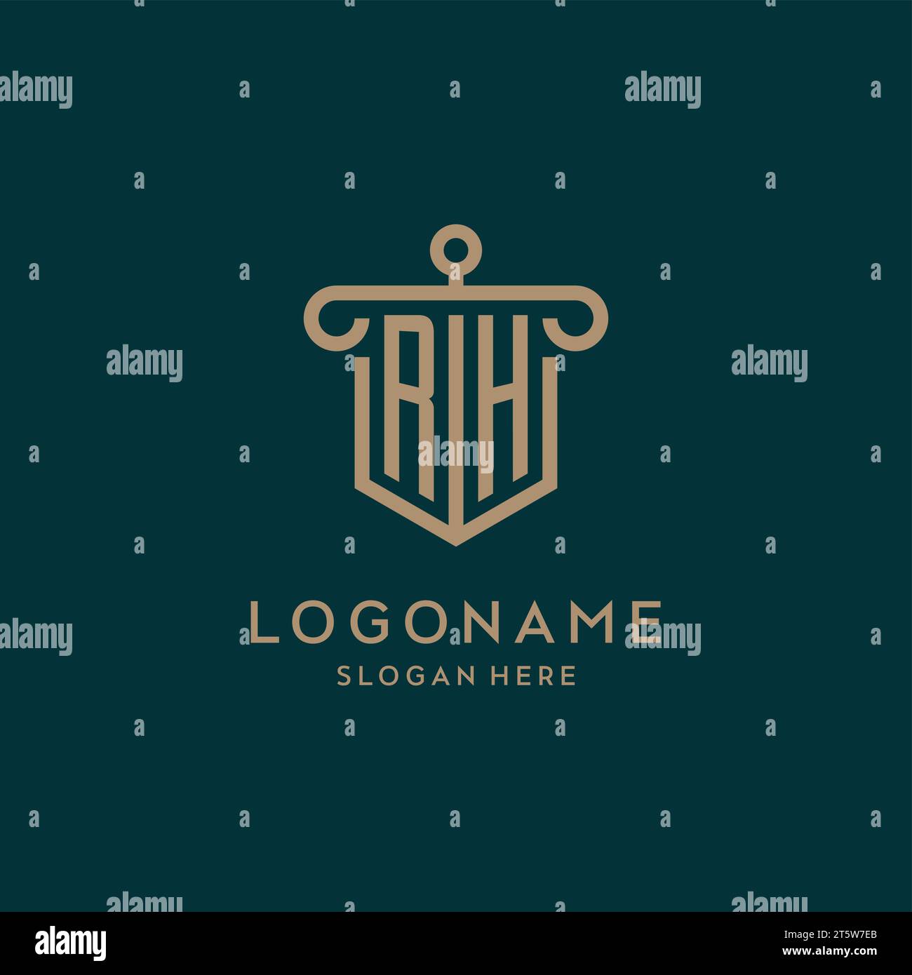 RH monogram initial logo design with shield and pillar shape design Stock Vector