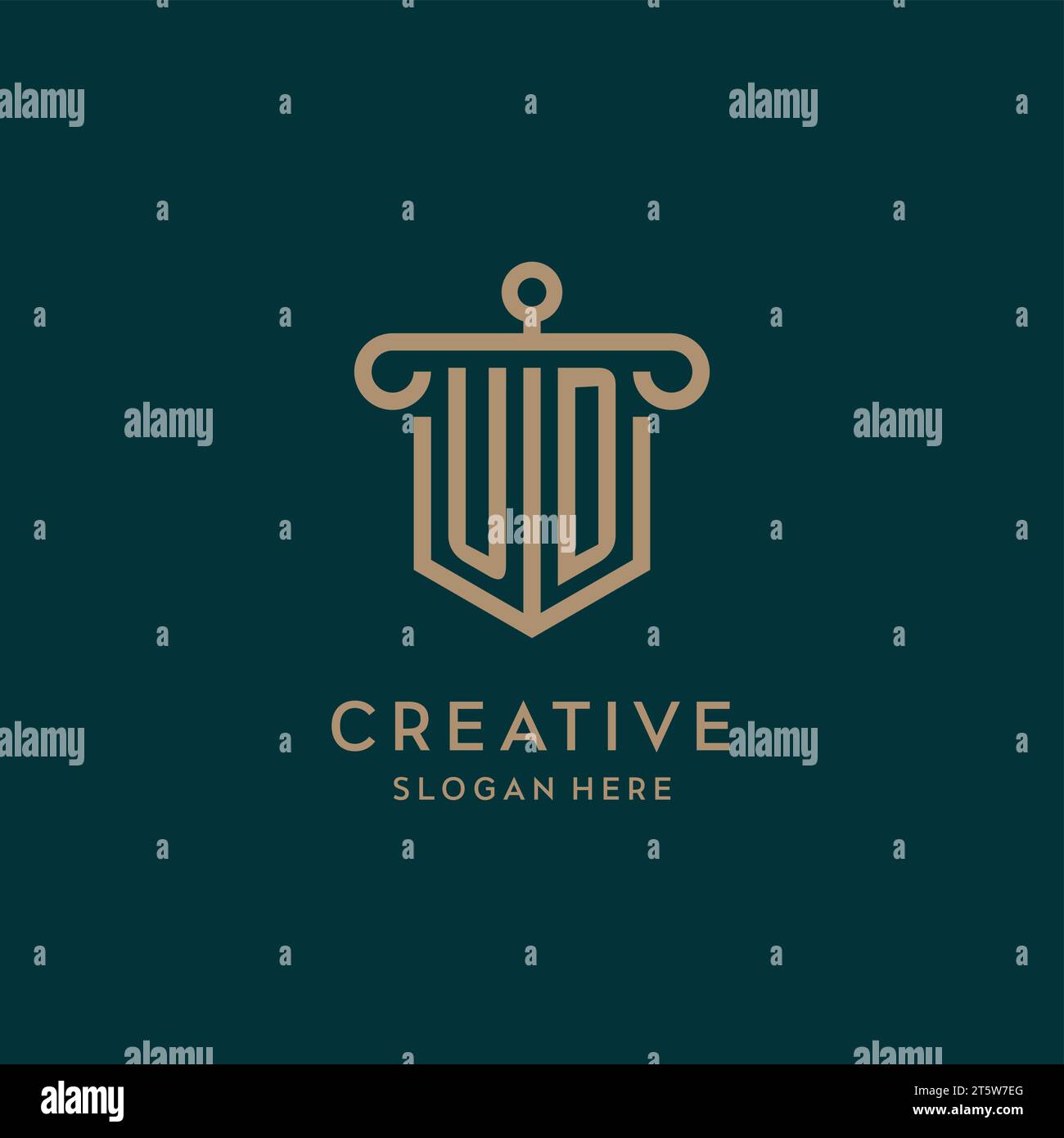 UD monogram initial logo design with shield and pillar shape design Stock Vector