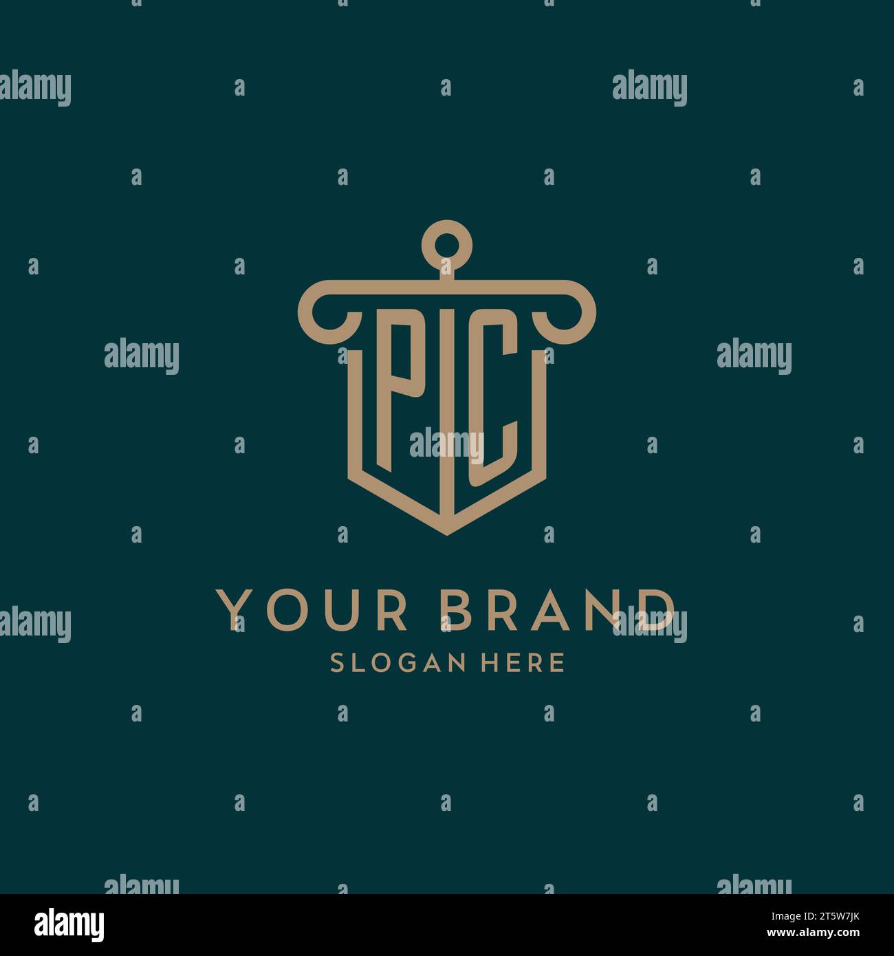 PC monogram initial logo design with shield and pillar shape design Stock Vector