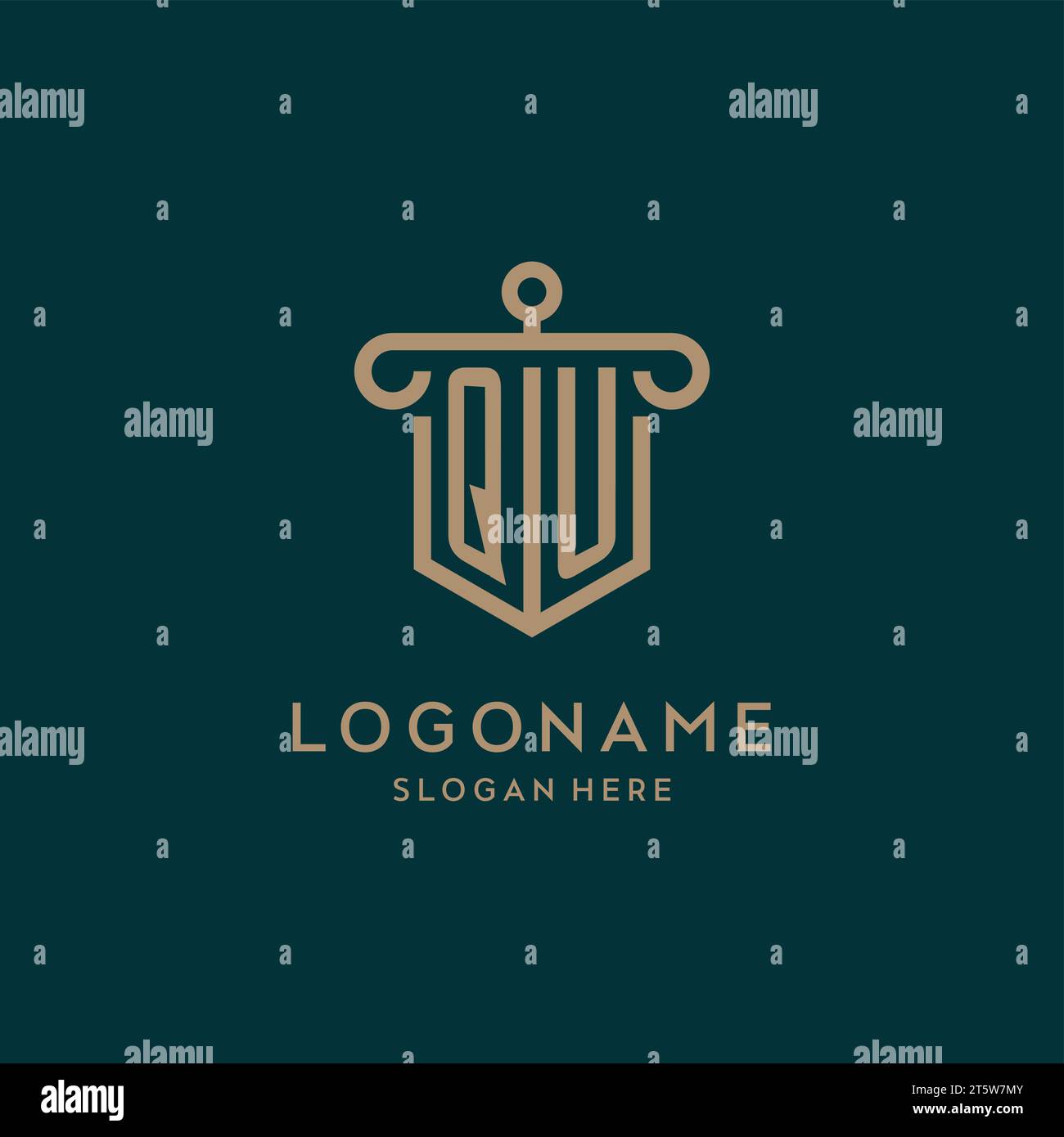 QU monogram initial logo design with shield and pillar shape design Stock Vector