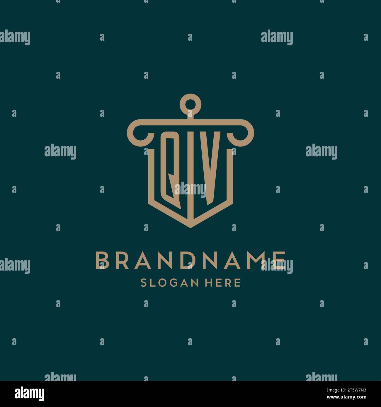QV monogram initial logo design with shield and pillar shape design Stock Vector