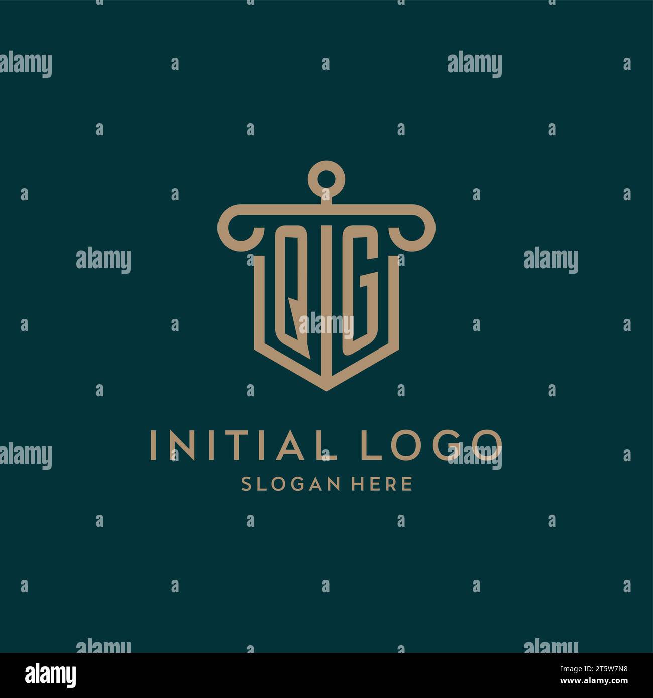 QG monogram initial logo design with shield and pillar shape design Stock Vector