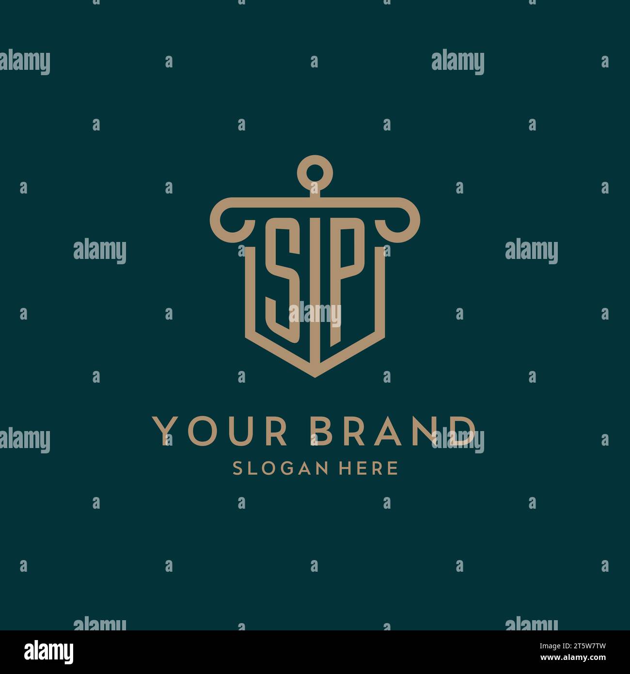 SP monogram initial logo design with shield and pillar shape design Stock Vector