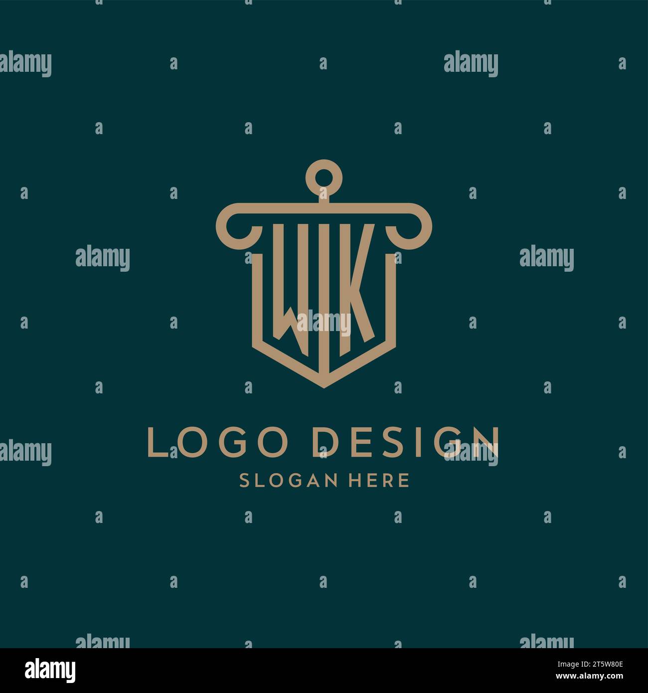 WK monogram initial logo design with shield and pillar shape design Stock Vector