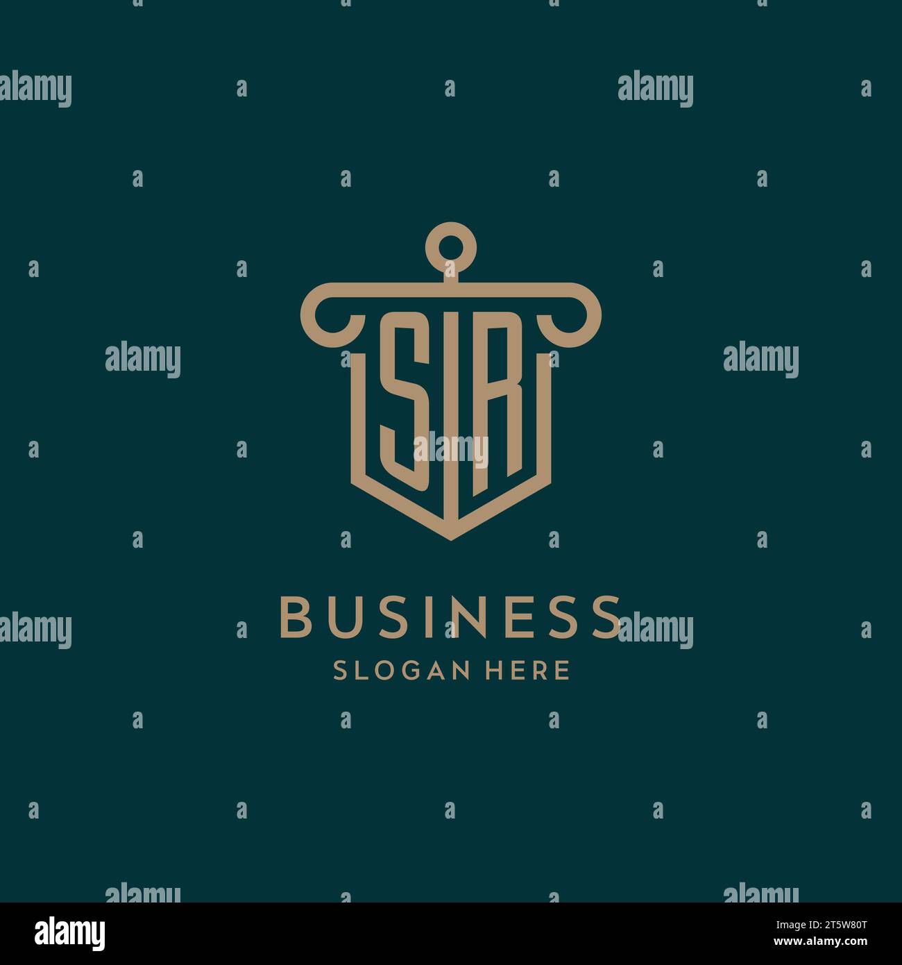 SR monogram initial logo design with shield and pillar shape design Stock Vector