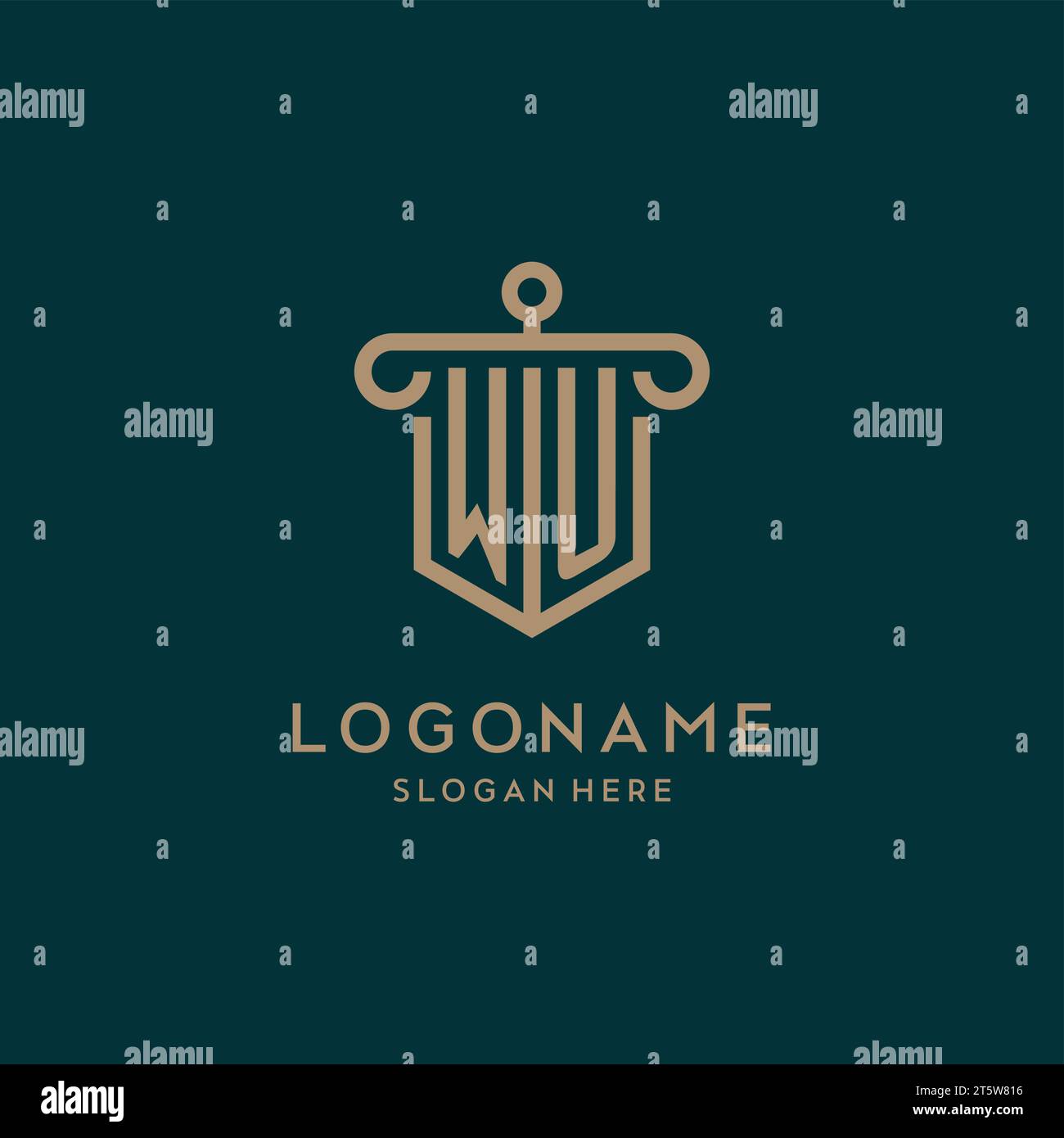 WU monogram initial logo design with shield and pillar shape design Stock Vector