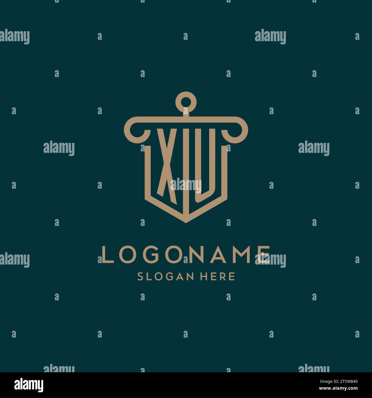XU monogram initial logo design with shield and pillar shape design Stock Vector