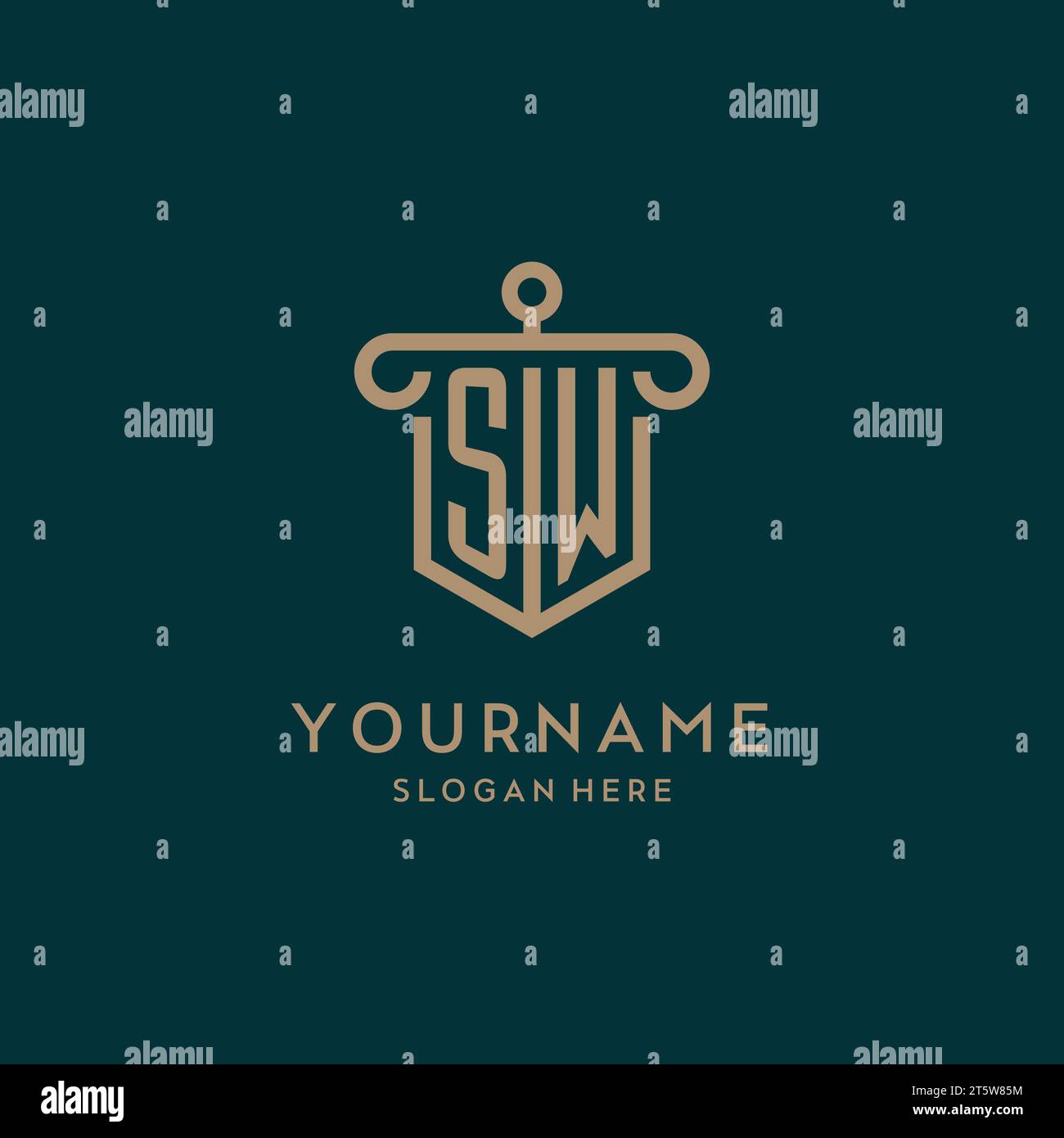 SW monogram initial logo design with shield and pillar shape design Stock Vector
