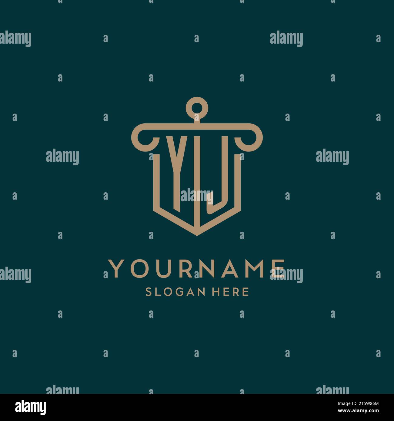 YJ monogram initial logo design with shield and pillar shape design Stock Vector