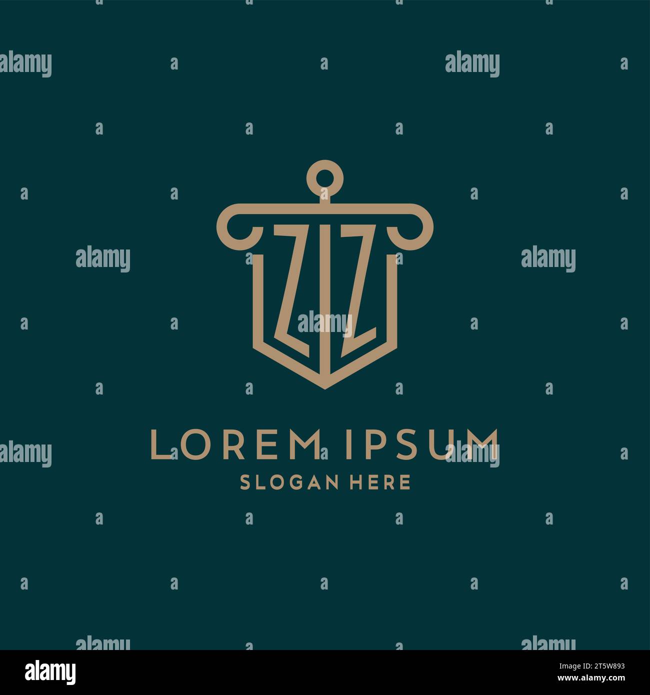 ZZ monogram initial logo design with shield and pillar shape design Stock Vector