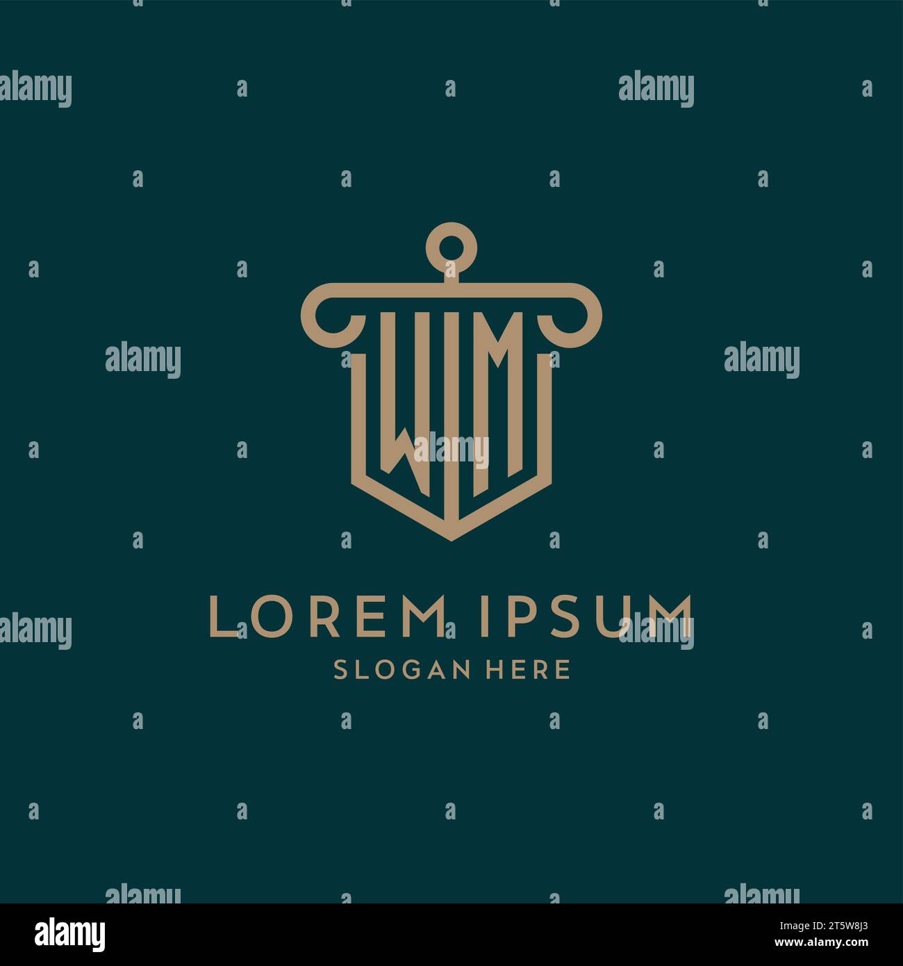 WM monogram initial logo design with shield and pillar shape design Stock Vector