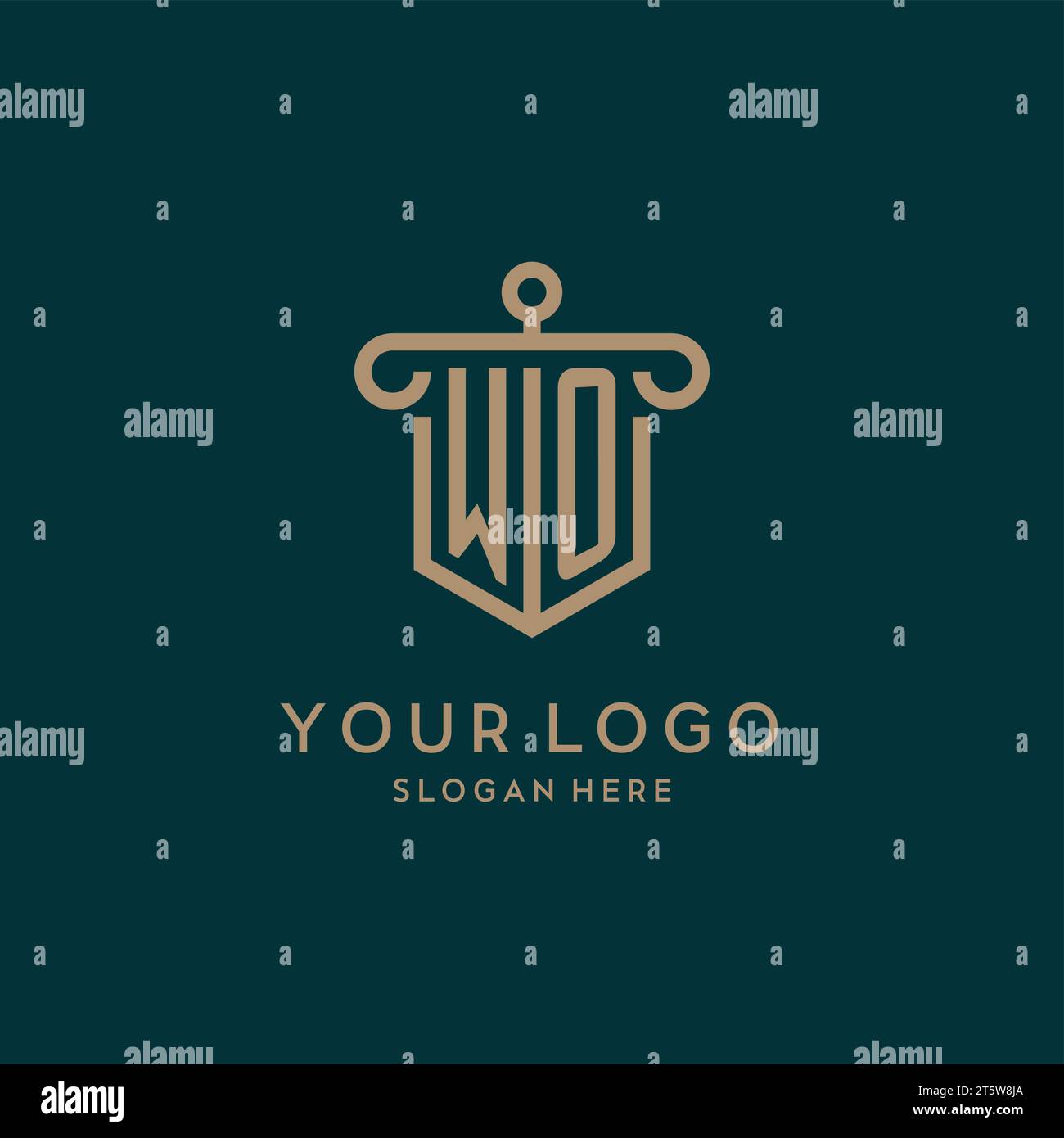 WO monogram initial logo design with shield and pillar shape design Stock Vector