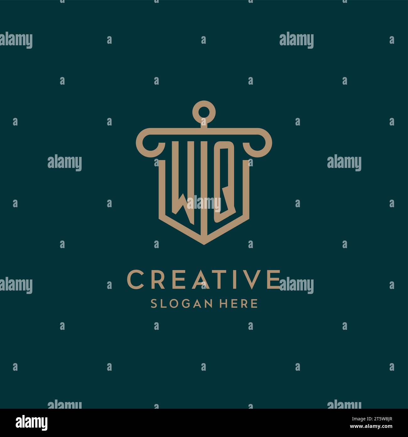 WQ monogram initial logo design with shield and pillar shape design Stock Vector