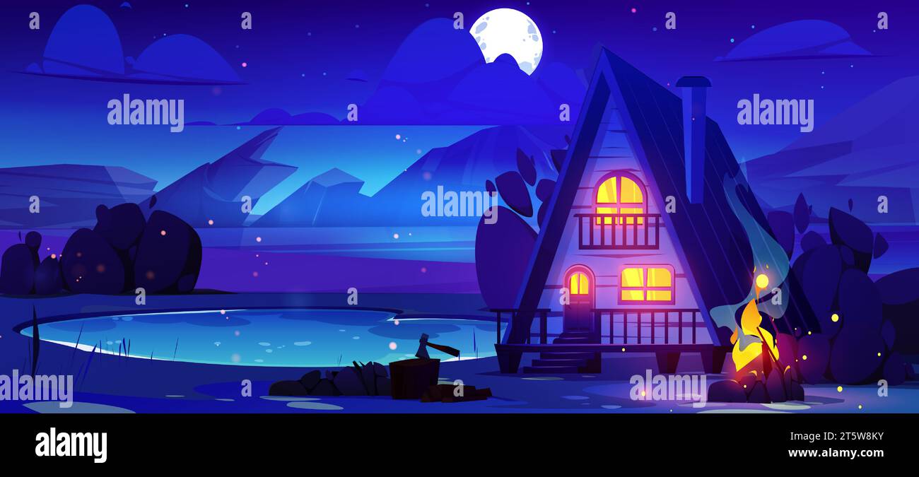 Panoramic summer night landscape with wooden hut and campfire on shore of lake near rocky mountains under starry sky and fool moon light. Cartoon wood cottage near water pond for camping at dusk. Stock Vector