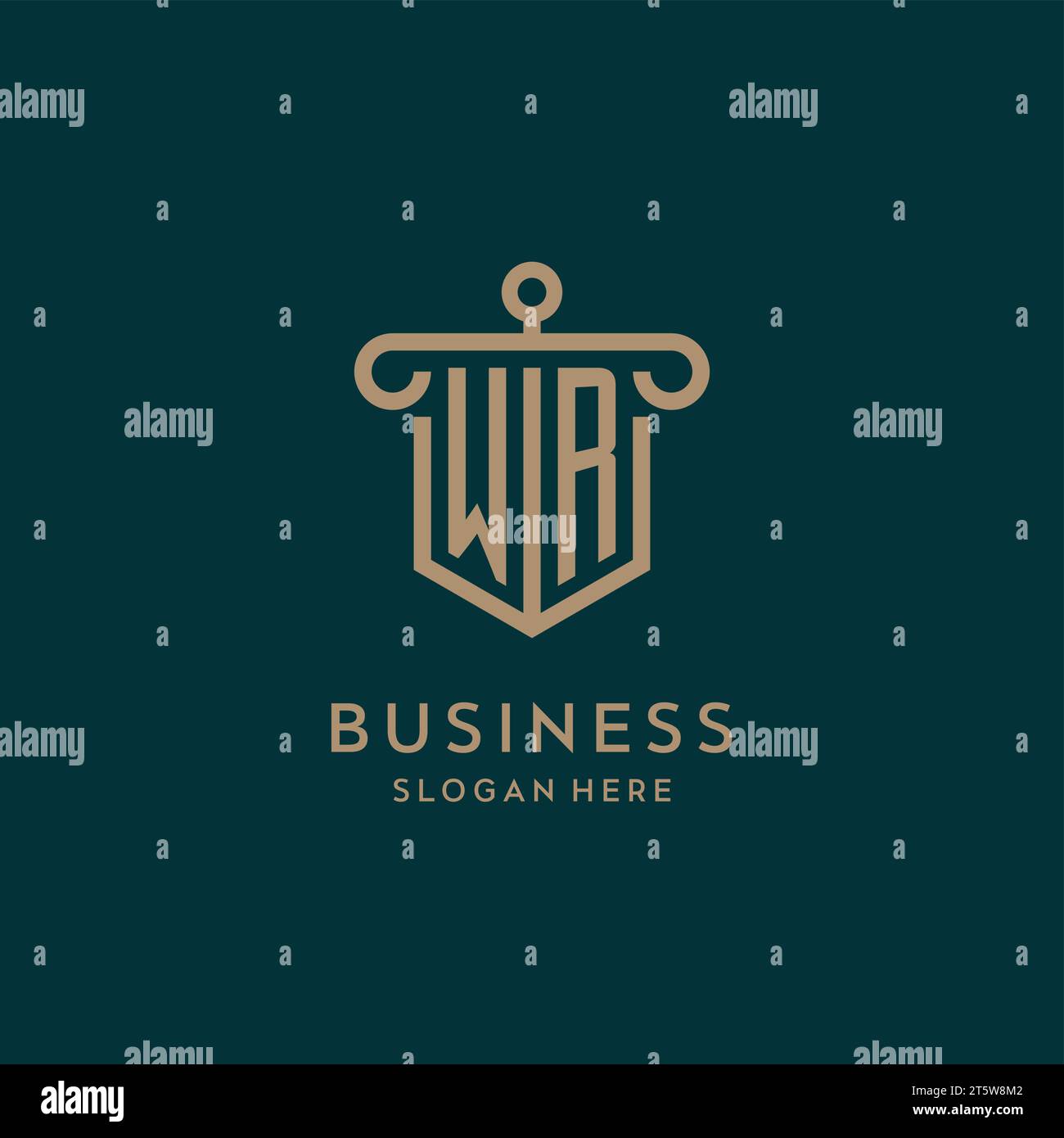 WR monogram initial logo design with shield and pillar shape design Stock Vector