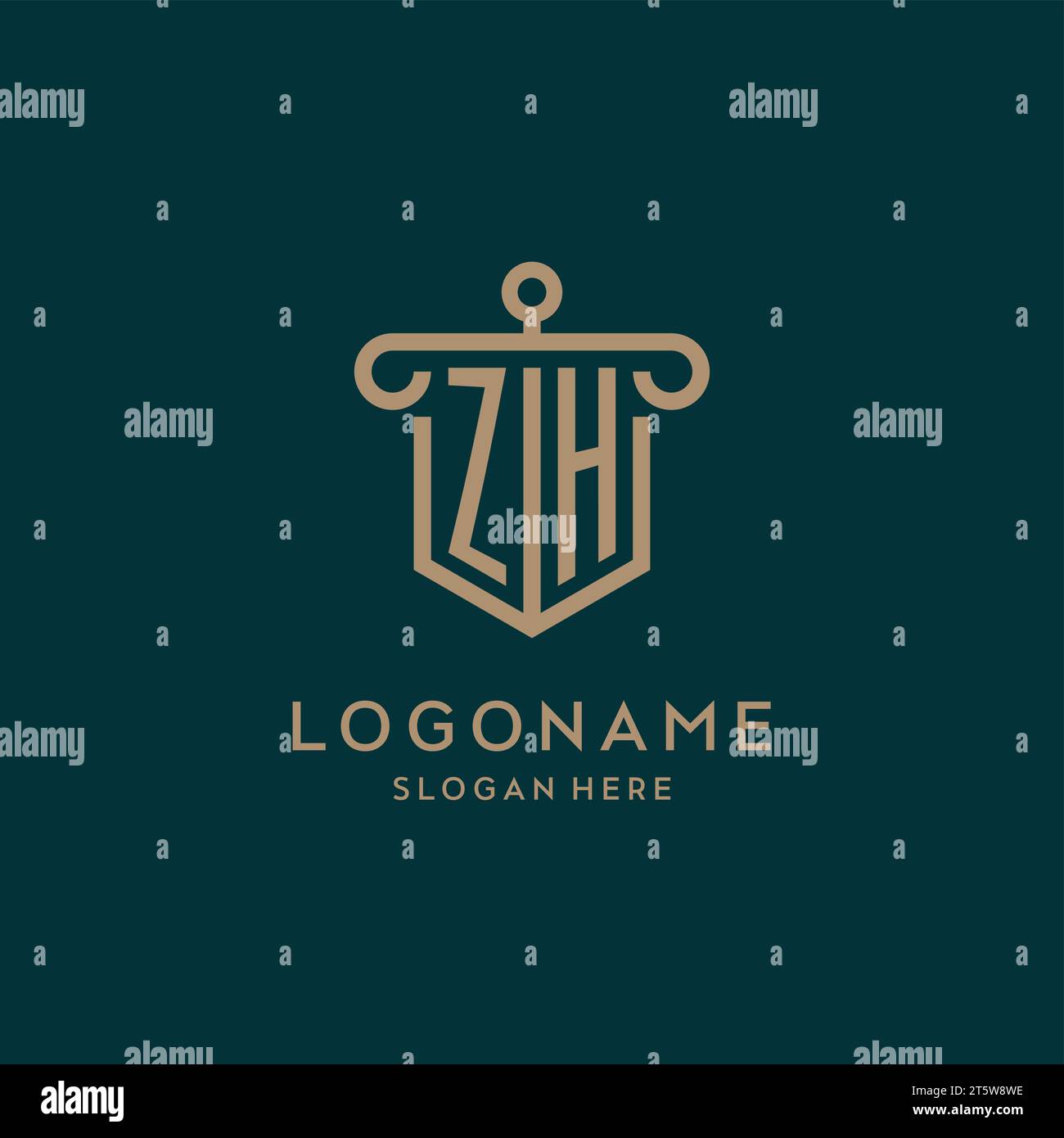 ZH monogram initial logo design with shield and pillar shape design Stock Vector