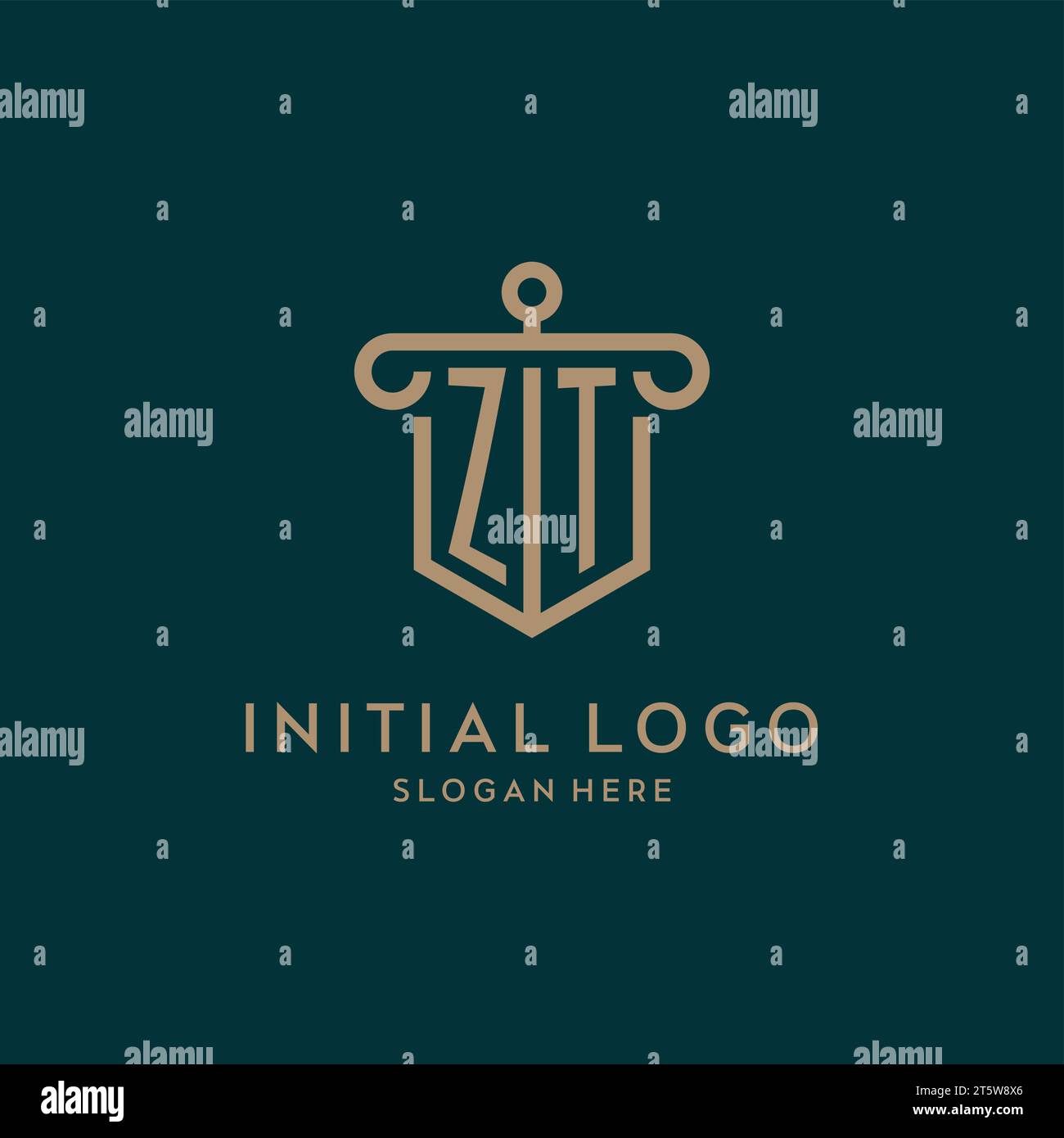 ZT monogram initial logo design with shield and pillar shape design Stock Vector