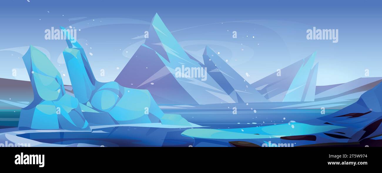 Antarctica landscape with ice mountains and falling snow. Cartoon vector polar scenery with iceberg and glacier rocks floating in sea or ocean. Northern winter scene with snowy frozen icy peaks Stock Vector