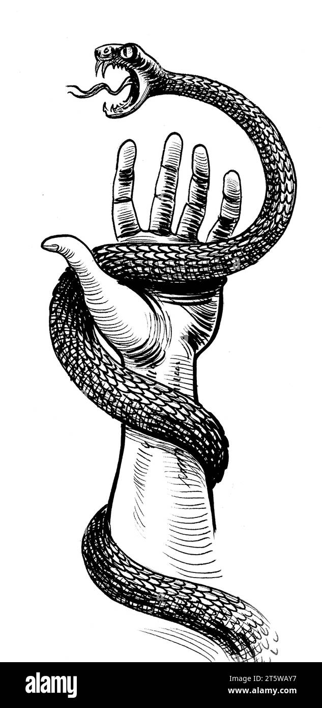 Hand and snake. Handdrawn retro styled ink black and white