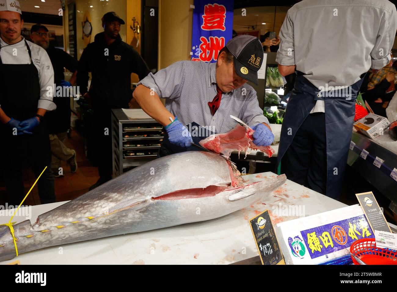05 November 2023, New York. A Japanese expert fishmonger cutting the jaw and collar (kama) off a small wild caught MSC Atlantic Bluefin Tuna (Thunnus thynnus) hon maguro at the Sakanaya fish market inside Wegmans Astor Place. The fish counter features domestic fresh fish and seafood, and Japanese fish imported from Tokyo's Toyosu Fish Market. Stock Photo