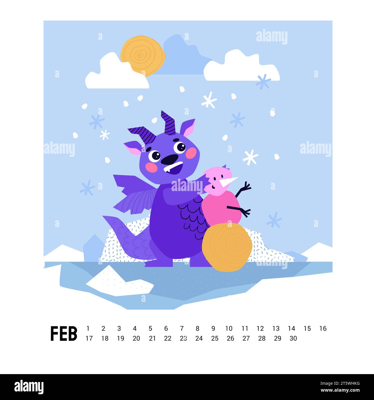 2024 Dragon Calendar February Cute Dragon Cartoon Mascot Character   2024 Dragon Calendar February Cute Dragon Cartoon Mascot Character Happy New Year Of The Dragon The Dragon Made A Snowman 2T5WHKG 