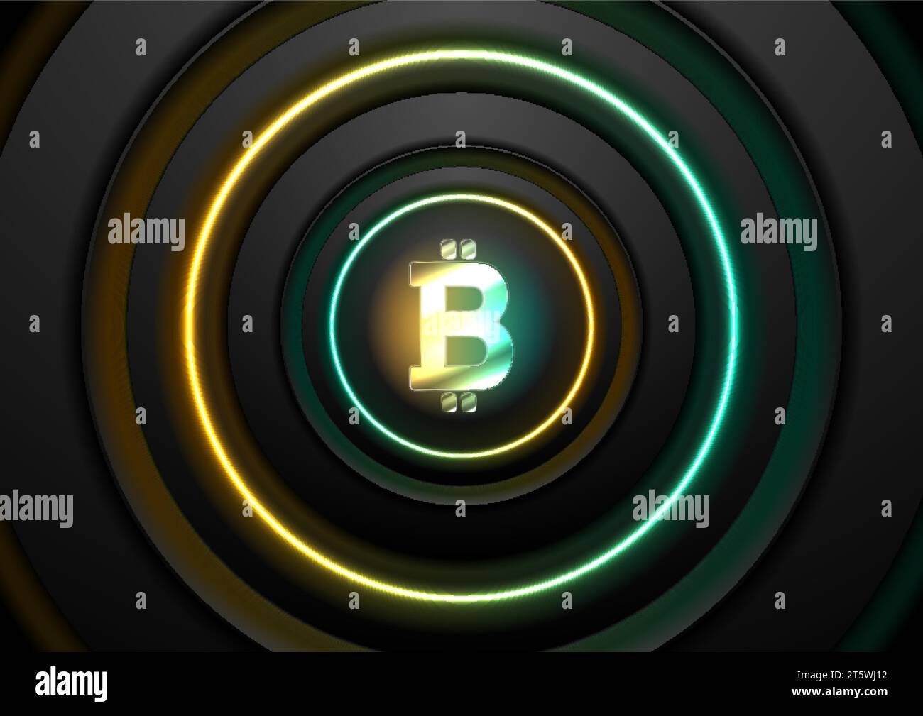 Abstract glowing neon technology background with bitcoin money emblem. Internet virtual digital crypto currency symbol. Vector design Stock Vector
